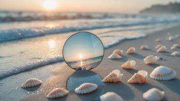 Mirror Reflecting Sunset on Sandy Beach with Seashells and Gentle Waves photo