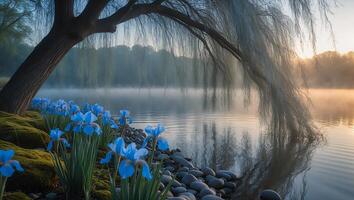 Willow Tree and Blue Iris Flowers by Calm Lake at Sunrise photo