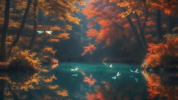 Dragonflies Hovering Over Calm Lake in Autumn Forest Scene photo