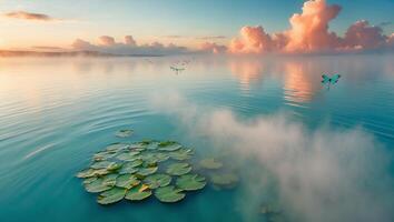 Dragonflies Flying Over Calm Water with Lily Pads at Sunrise photo