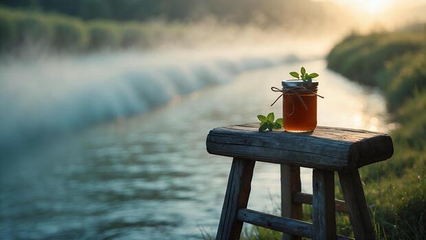 Jar with Honey and Mint on Rustic Stool by Misty River photo