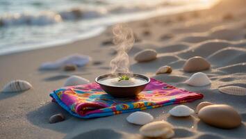 Steaming Bowl on Beach with Seashells and Colorful Textile photo