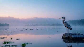 Heron Standing on Rock Overlooking Misty Lake at Early Dawn photo