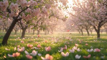 Blooming Trees Orchard with Falling Petals in a Spring Meadow photo