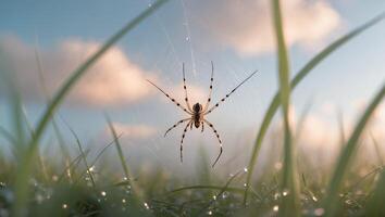 Spider Weaving Web with Dew Drops in a Grassy Outdoor Setting photo