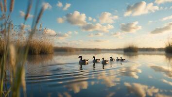 Ducks Swimming on Calm Lake Water Reflecting Sky and Clouds photo