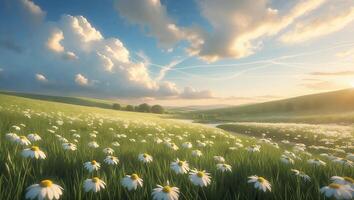 Daisy Meadow at Sunset Serene Green Field Under Cloudy Sky photo