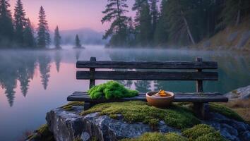 Bench Overlooking Misty Lake with Bowl and Sunrise Scenery photo