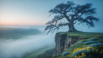 Lone Tree on Cliff Edge Above Foggy Valley at Sunrise photo