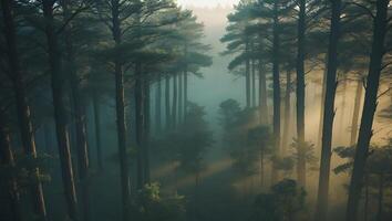 Sunlight Streaming Through a Forest with Fog and Tall Trees photo