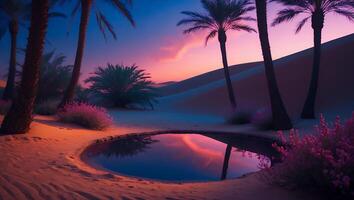 Oasis in Desert Sand Dunes with Sky Reflection at Sunset photo
