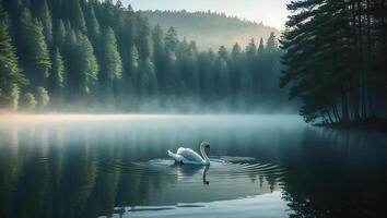 Swan Swimming on Tranquil Lake with Misty Forest Backdrop at Dawn photo