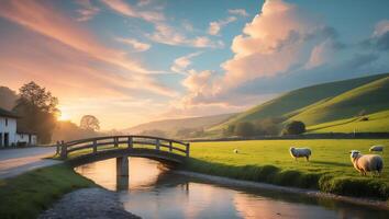 Sheep Grazing by Stream Under Wooden Bridge at Sunset Pastoral Scene photo