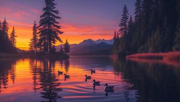 Ducks Swimming in Lake at Sunset with Forest and Mountain Backdrop photo
