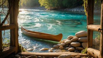 Canoe Resting by Riverbank Seen Through Wooden Window Frame photo