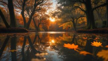 Autumn Lake Reflection Serene Forest Landscape with Sunlight and Falling Leaves photo