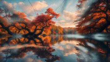 Reflecting Trees Over Water on a Misty Autumn Day Landscape photo