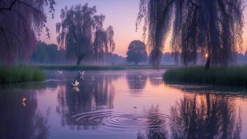 Calm Lake Reflection with Willow Trees and Fireflies at Twilight photo