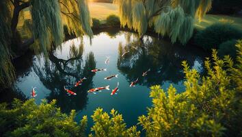 Koi Fish Swimming in a Tranquil Pond with Willow Trees photo