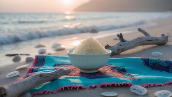Rice Bowl at Beach with Ocean Waves and Sunset Backdrop photo