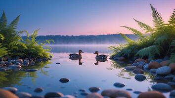 Ducks Swim Calmly on Lake at Dawn with Ferns and Rocks photo