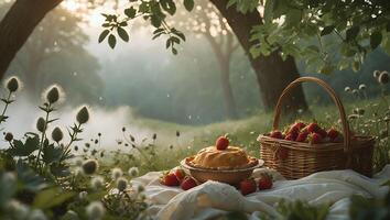 Strawberry Pie and Basket in Forest Meadow on Picnic Blanket photo