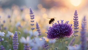 Bee Gathering Pollen on Purple Flower in Golden Evening Light photo