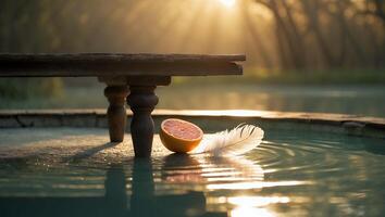 Grapefruit and Feather Still Life on Water with Sunlight Background photo