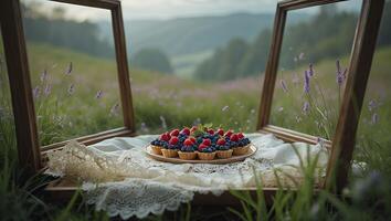 Berry Tarts on Lace Framed by Nature Landscape Scene Outdoors photo