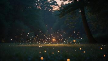 Glowing Lights in Forest Meadow Create a Magical Evening Scene photo
