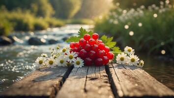 Red Currants and Daisies on a Wooden Bridge Over Stream photo