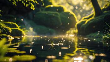 Pond Reflecting Sunlight with Greenery and Water Droplets Creating Serene Scene photo