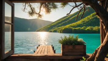 Lake View Through Window with Sunshine, Wooden Dock and Greenery photo