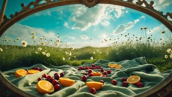 Picnic in Mirror Reflection with Field, Flowers, Fruits and Sky photo