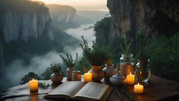 Open Book and Candles on Wooden Table Overlooking a Scenic Canyon photo