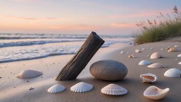 Seashells and Driftwood on a Sandy Beach at Sunset Serenity photo