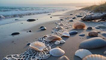 Seashells and Pebbles on Beach with Fishing Net Near Water photo