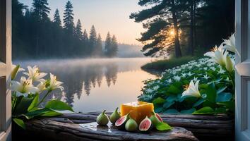 Scenic Lake View with Fruits and Lilies Through Open Window photo