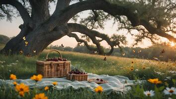Picnic Basket with Cherries in Field at Sunset Under Large Tree photo