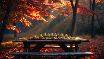 Pears and Nuts on Picnic Table in Autumn Forest Light photo