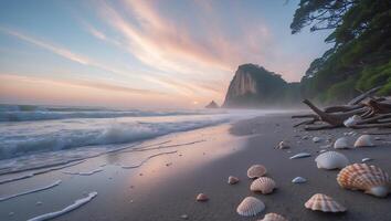 Seashells Scattered on Sandy Beach at Sunrise with Distant Cliffs photo