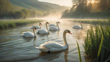 Swans Swimming on Calm Lake During Misty Early Morning photo
