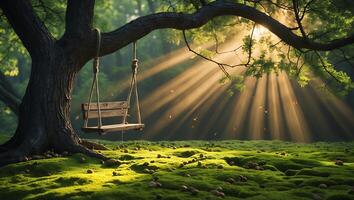 Wooden Swing Hanging From Tree Branch in Forest with Sun Rays photo