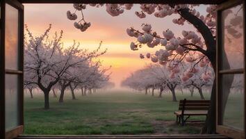 Cherry Blossom Orchard Seen Through Open Window at Sunrise with Bench photo