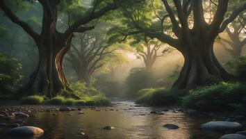 Flowing Stream Through Green Forest with Sun Rays and Mist photo