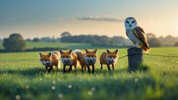 Foxes Approaching with Owl Perched on Fence Post in Meadow photo