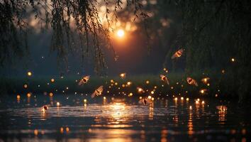 Fireflies Hovering Over Water at Dusk with Sun Setting Behind Trees photo