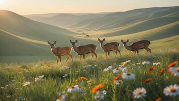 Deer Grazing in Grassy Hills with Wildflowers on a Sunny Day photo