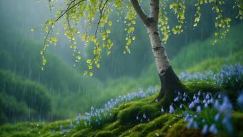 Birch Tree and Bluebell Flowers in Gentle Rain Serene Scene photo