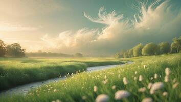 Gentle Stream Flowing Through Green Meadow with Scenic Sky Above photo